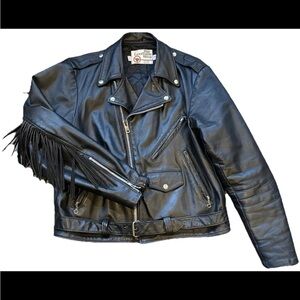 The Leather Shop Sears Black Biker Jacket Belted with Fringe Vintage Size 44